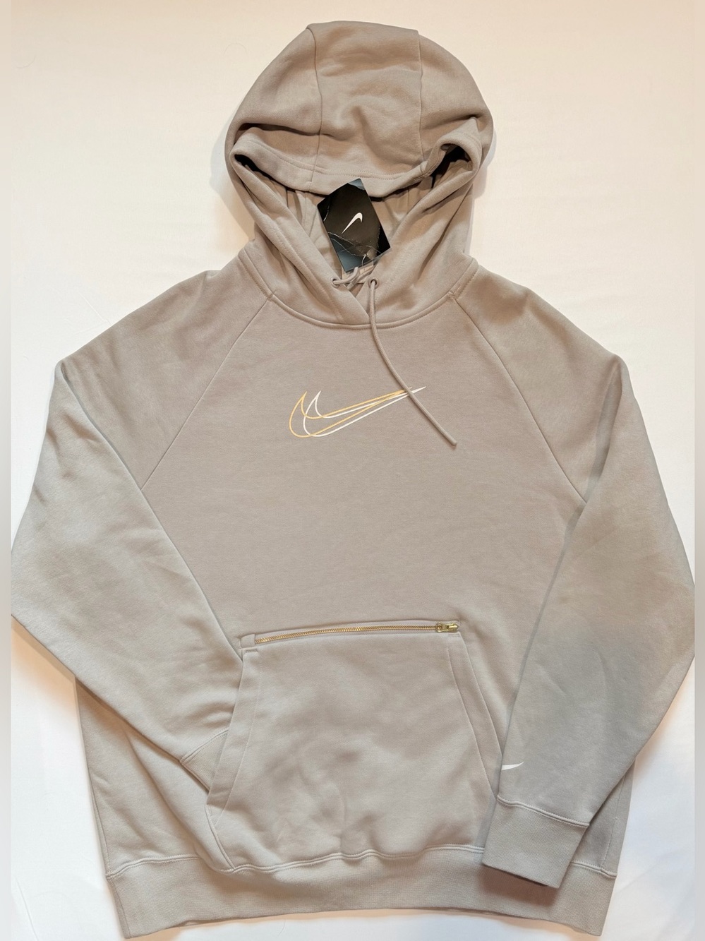 **Nike** Rare Taupe Double Gold & Silver Swoosh Oversized Hoodie Sweatshirt